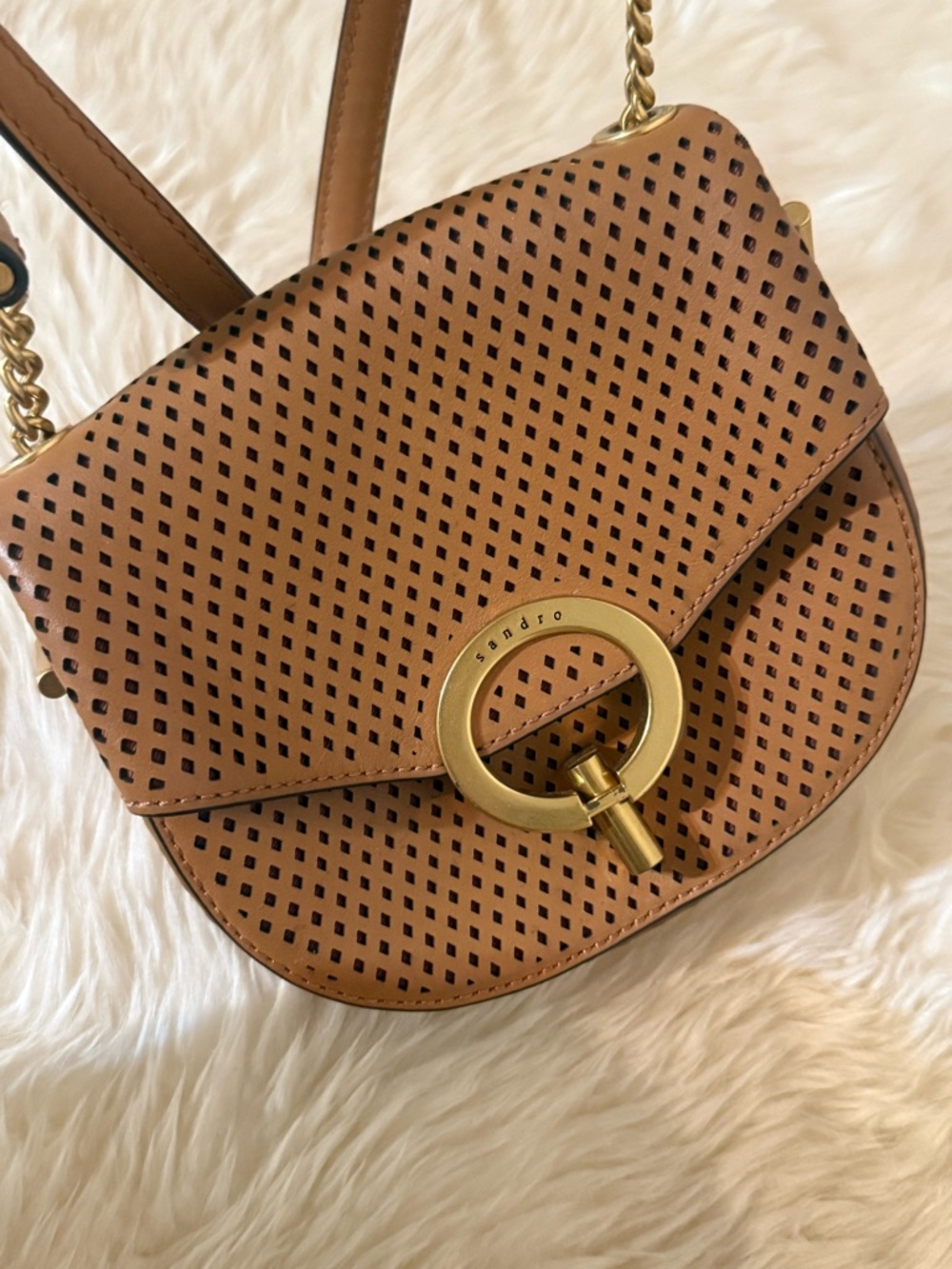 Sandro Yza Perforated Leather Crossbody Bag Camel Tan - Picture 3 of 9